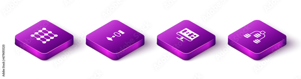 Poster set isometric neural network, algorithm, and server, data icon. vector