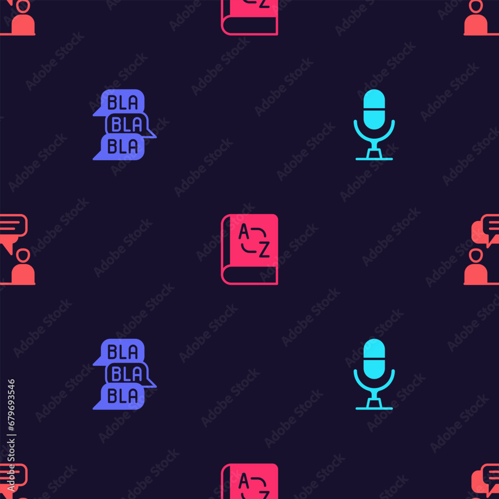 Wall mural set microphone voice device, speech bubble chat, translator book and two sitting men talking on seam