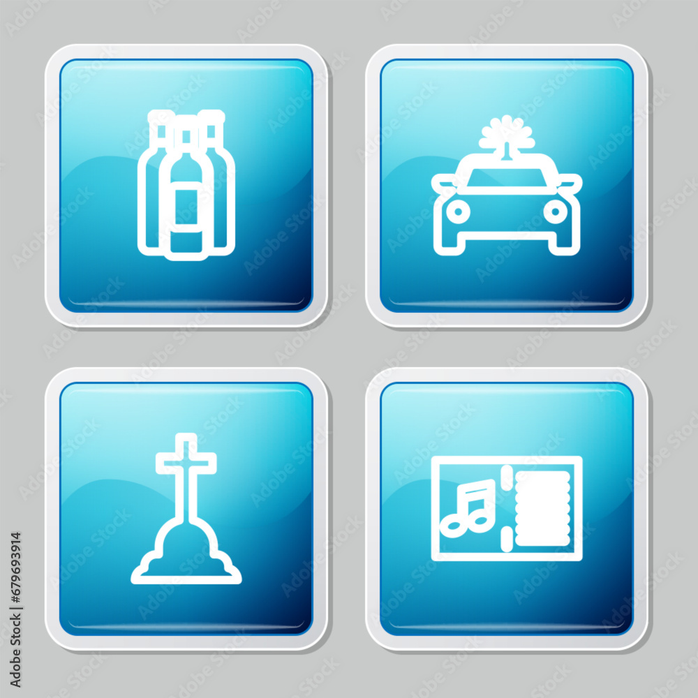 Poster Set line Bottles of wine, Police car and flasher, Tombstone with cross and Music book note icon. Vector