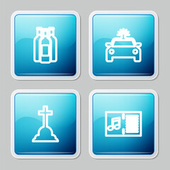 Set line Bottles of wine, Police car and flasher, Tombstone with cross and Music book note icon. Vector