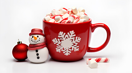 Fototapeta na wymiar Cup of coffee with christmas decoration, Red mug with hot chocolate and snowman isolated on white background, Generative AI