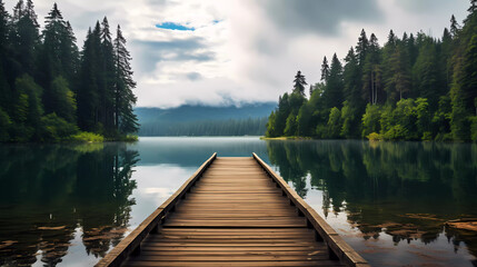 A wooden dock sitting on top of a lake next to a forest filled with trees and clouds in the sky