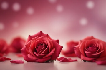 Pink and red roses petals on a bokeh background