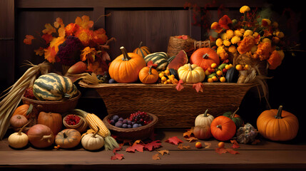 A wooden table topped with lots of fall leaves and pumpkins and cornucts and cornucts