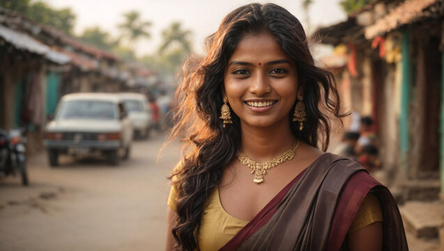 Bellissima giovane ragazza indiana vestita con abiti tradizionali in una strada di un villaggio in India