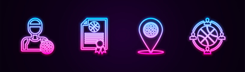 Set line Basketball player, Certificate basketball award, Location with and Planning strategy. Glowing neon icon. Vector