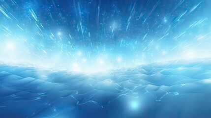  a computer generated image of a blue sky filled with stars and a bright light above the horizon of the ocean.