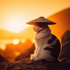 a cat in samurai clothes on the background of the setting sun
