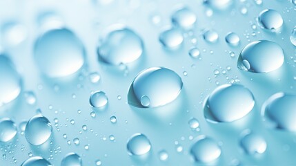 a close up of water droplets on a blue surface with a light blue back ground and a light blue back ground.