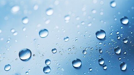  a close up view of water droplets on a blue and white glass with a blue sky in the back ground.