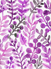 Purple leaves pattern in on white background. Watercolor painting. Purple  leaves ornament. Botanical art for fabric, textile, card, interior. Hand painted fall leaves. Watercolor art. Violet flowers.