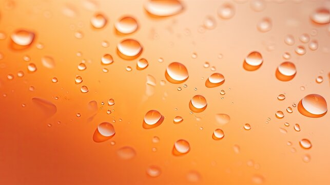  a close up view of water droplets on a yellow and orange background with a blurry image of the outside of the window.