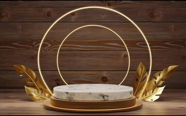 3D realistic luxury background for product display, Golden podium carve neon gold lighting on wooden texture, 3d marvel stone round shape Copy space for your design.