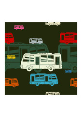Editable Flat Monochrome Bus Vector Illustration in Various Color as Seamless Pattern With Dark Background for Travel Transportation and Vehicle Related Purposes