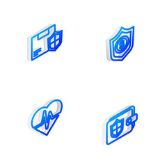 Set Isometric line Shield with dollar, Delivery security shield, Health insurance and Wallet icon. Vector