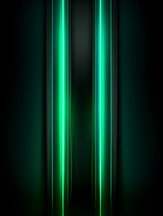 Green neon light bars against a dark, minimalist backdrop. Futuristic design background with vertical lines.