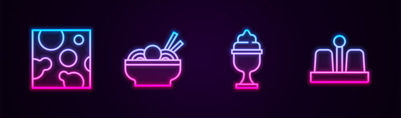 Set line Cheese, Asian noodles in bowl, Ice cream and Salt and pepper. Glowing neon icon. Vector