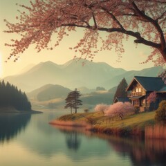 Fototapeta premium house on the edge of a quiet lake with a mountain backdrop