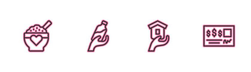 Set line Donation food, Shelter for homeless, water and Bank check icon. Vector