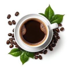a cup of coffee surrounded by coffee beans and leaves