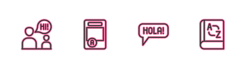 Set line Two sitting men talking, Hola different languages, Exam sheet with A plus grade and Translator book icon. Vector © vector_v