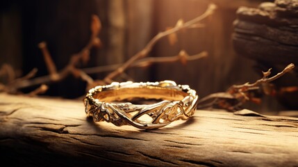 A yellow gold ring sitting on top of a wood surface