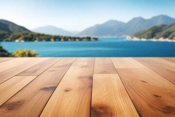 Empty wooden floor for product display montages with sea and mountain background3