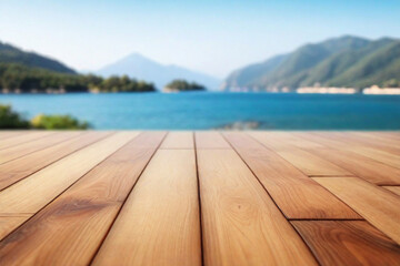 Empty wooden floor for product display montages with sea and mountain background1