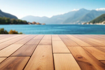 Empty wooden floor for product display montages with sea and mountain background2