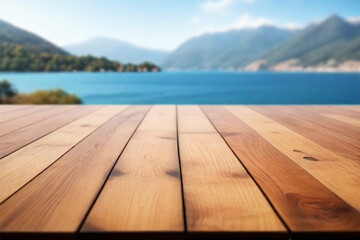 Empty wooden floor for product display montages with sea and mountain background0