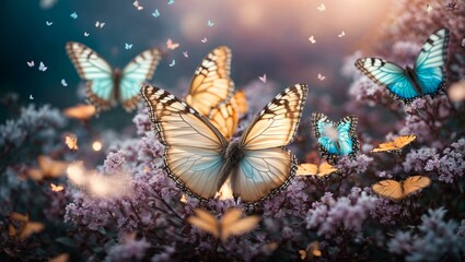 Fototapeta na wymiar colorful spring butterflies on a blue sunny spring magic background