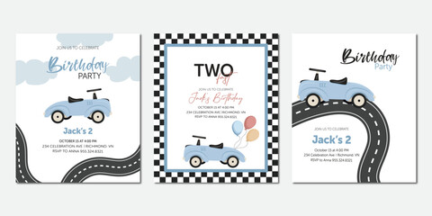 Children's Birthday invitations are set with balloons and cars.  The upright Set is great for social media posts, cards, brochures, flyers, and advertising poster templates. Vector illustration.
