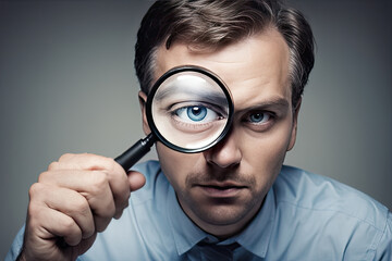 man looking through magnifying