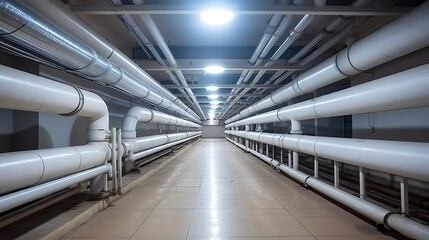 a long hallway with white pipes - obrazy, fototapety, plakaty