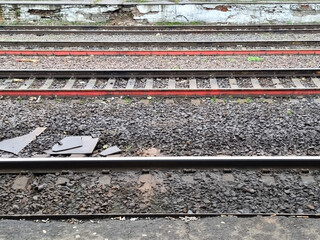 Railway tracks in the city, close-up of rails.