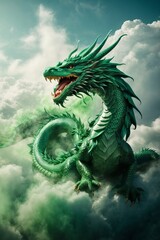 Portrait of a beautiful green dragon with an open mouth on top of a mountain in the clouds.