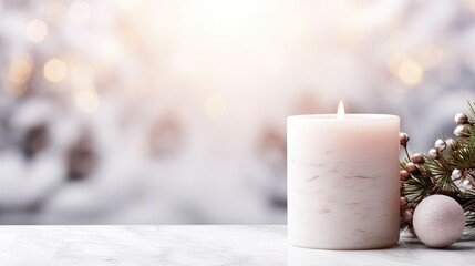  a white candle sitting on top of a table next to a pine cone and a pine cone on top of a table.