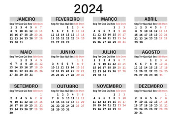 Classic horizontal calendar 2024 in Portuguese. Days, weeks and months. Print, vector