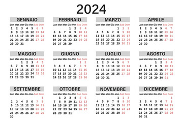 Classic horizontal calendar 2024 in Italian. Days, weeks and months. Print, vector - obrazy, fototapety, plakaty