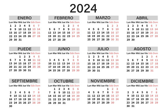 Classic horizontal calendar 2024 in Spanish. Days, weeks and months. Print, vector