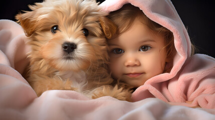 Capturing the innocence and joy of the first moments of a baby girl and a cute little puppy, little child with a puppy