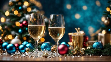 glasses with poured champagne on a bright Christmas table with bright Christmas tree toys and garlands