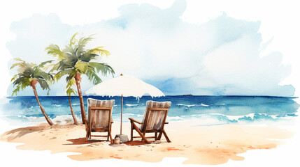 Obraz premium A watercolor illustration in clipart style with a beach