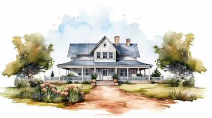 A watercolor illustration in clipart style with a house