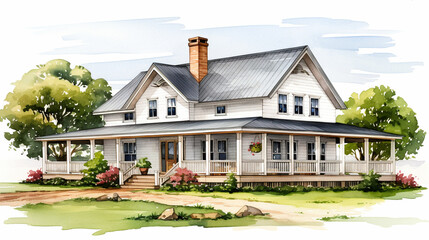 A watercolor illustration in clipart style with a house