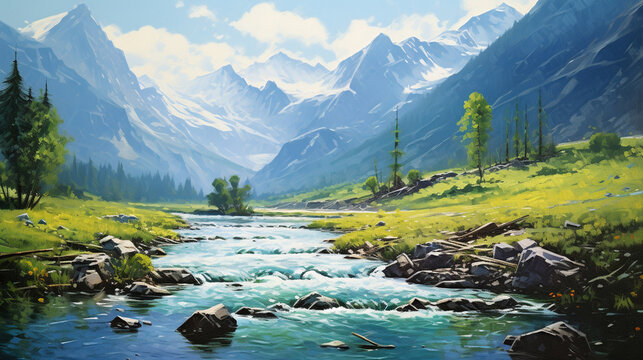 A landscape of a mountain river painted in oil