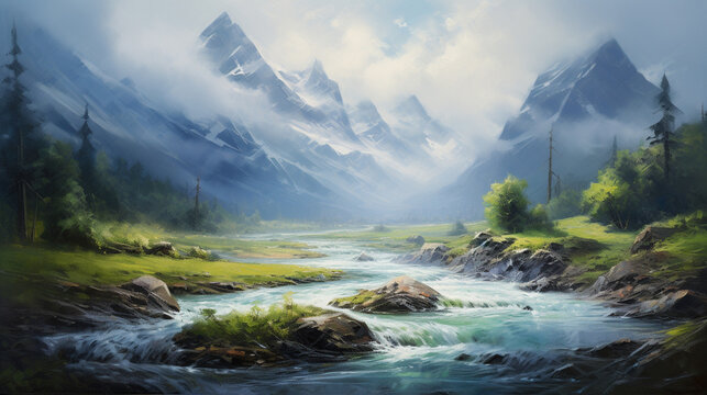 A landscape of a mountain river painted in oil