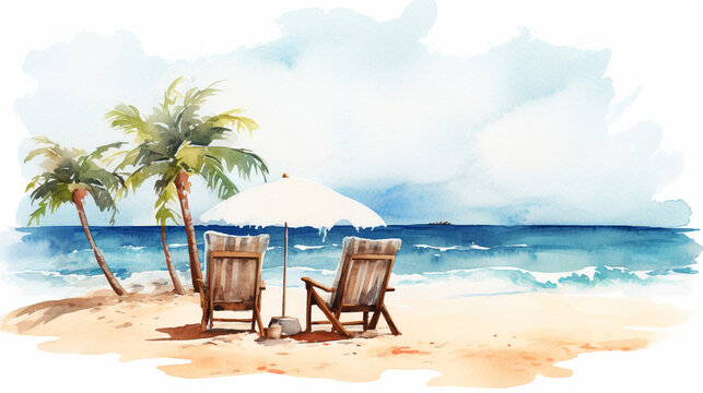 A watercolor illustration in clipart style with a beach © frimufilms