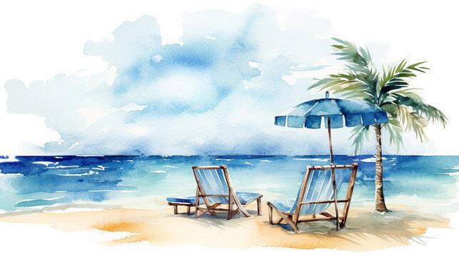 A watercolor illustration in clipart style with a beach