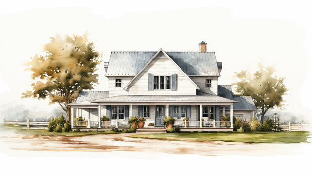 A watercolor illustration in clipart style with a house